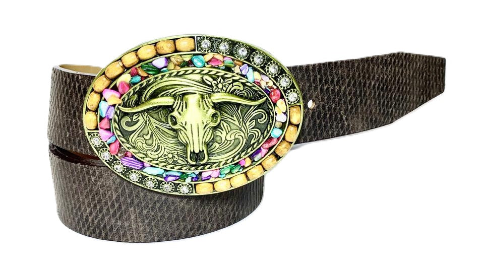 Cinturón en cuero natural texturizado con hebilla motivo "vaquero"